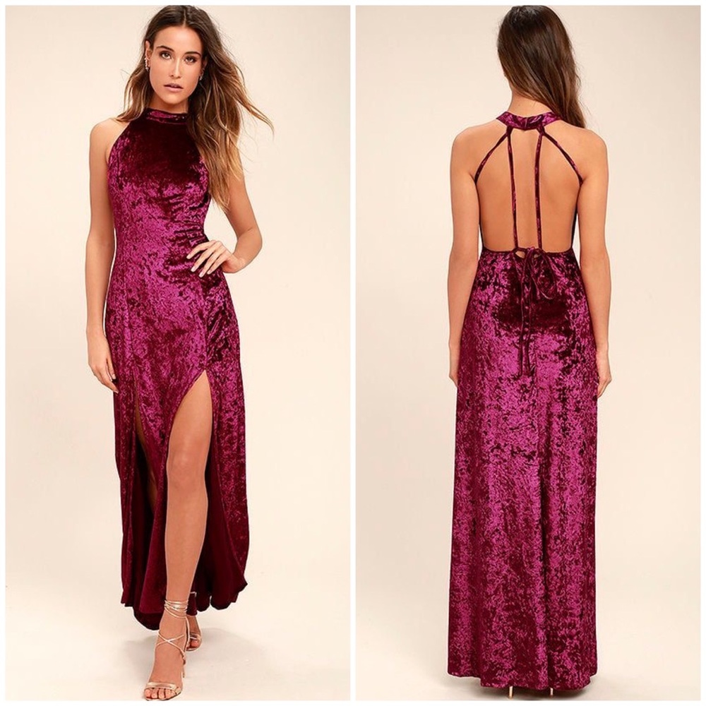 Lulu's Plum Velvet Maxi Dress with Halter Back